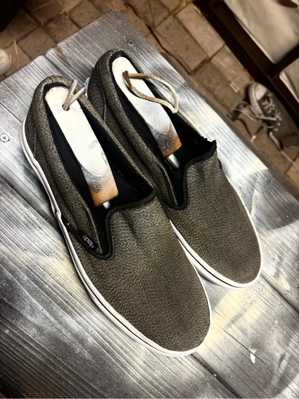 Vans Slip Ons Gray & black slip-on sneakers with textured fabric M9.5